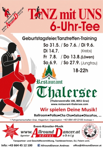 Thalersee TmU 6 Uhr So 7.6. + Di  9.6. +Di  14.7. +Fr. 7.8. +Do 13.8 + So 6.9. Geburtstag Tanztreffen mit www.AllroundDancer.at 